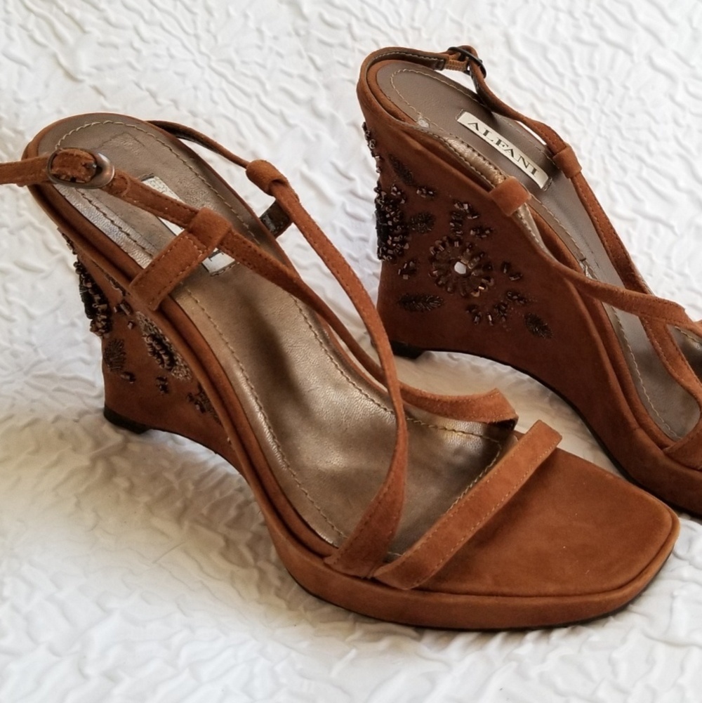 Alfani Serenity Caramel Suede Beaded Wedge Sandals - Picture 2 of 8